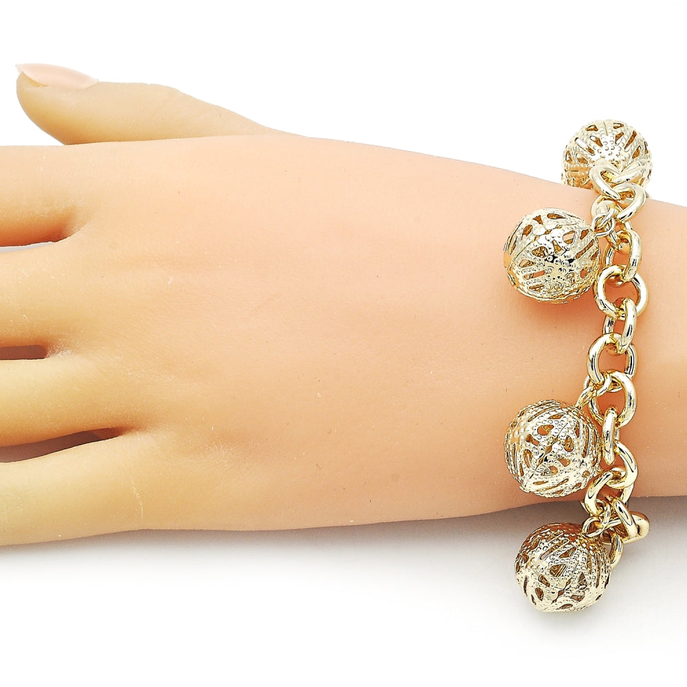 Oro Laminado Charm Bracelet, Gold Filled Style Rolo and Ball Design, Polished, Golden Finish