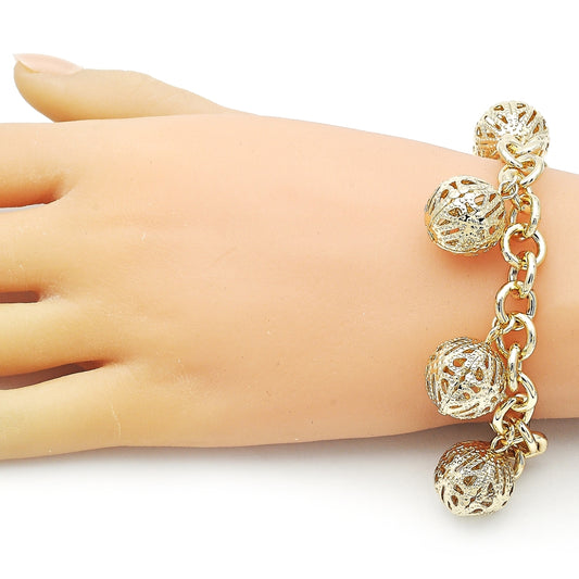 Oro Laminado Charm Bracelet, Gold Filled Style Rolo and Ball Design, Polished, Golden Finish