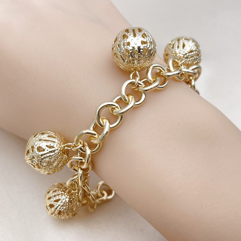 Oro Laminado Charm Bracelet, Gold Filled Style Rolo and Ball Design, Polished, Golden Finish