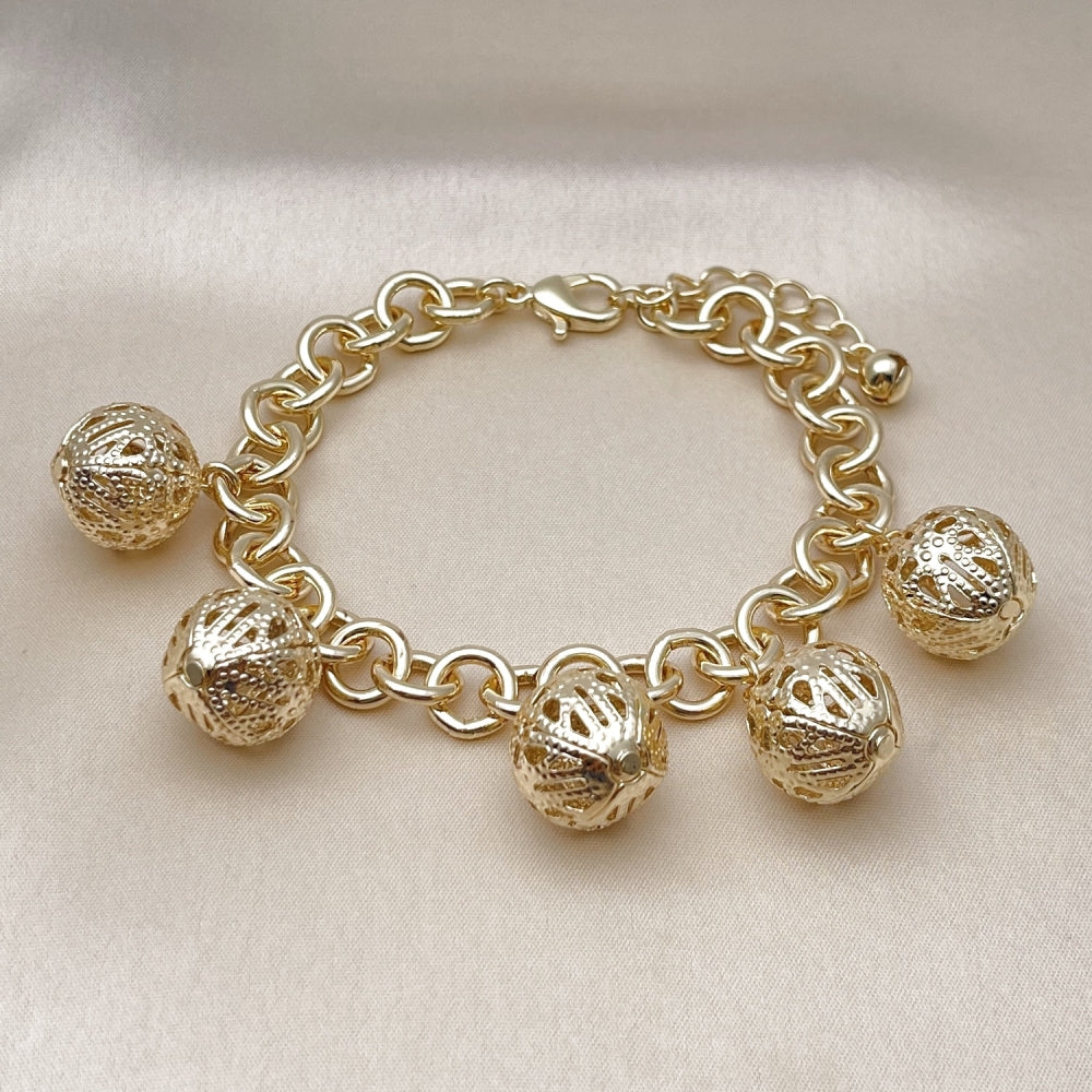 Oro Laminado Charm Bracelet, Gold Filled Style Rolo and Ball Design, Polished, Golden Finish