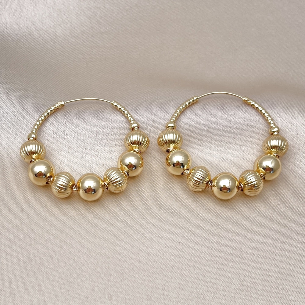 Oro Laminado Medium Hoop, Gold Filled Style Ball and Hollow Design, Diamond Cutting Finish, Golden Finish