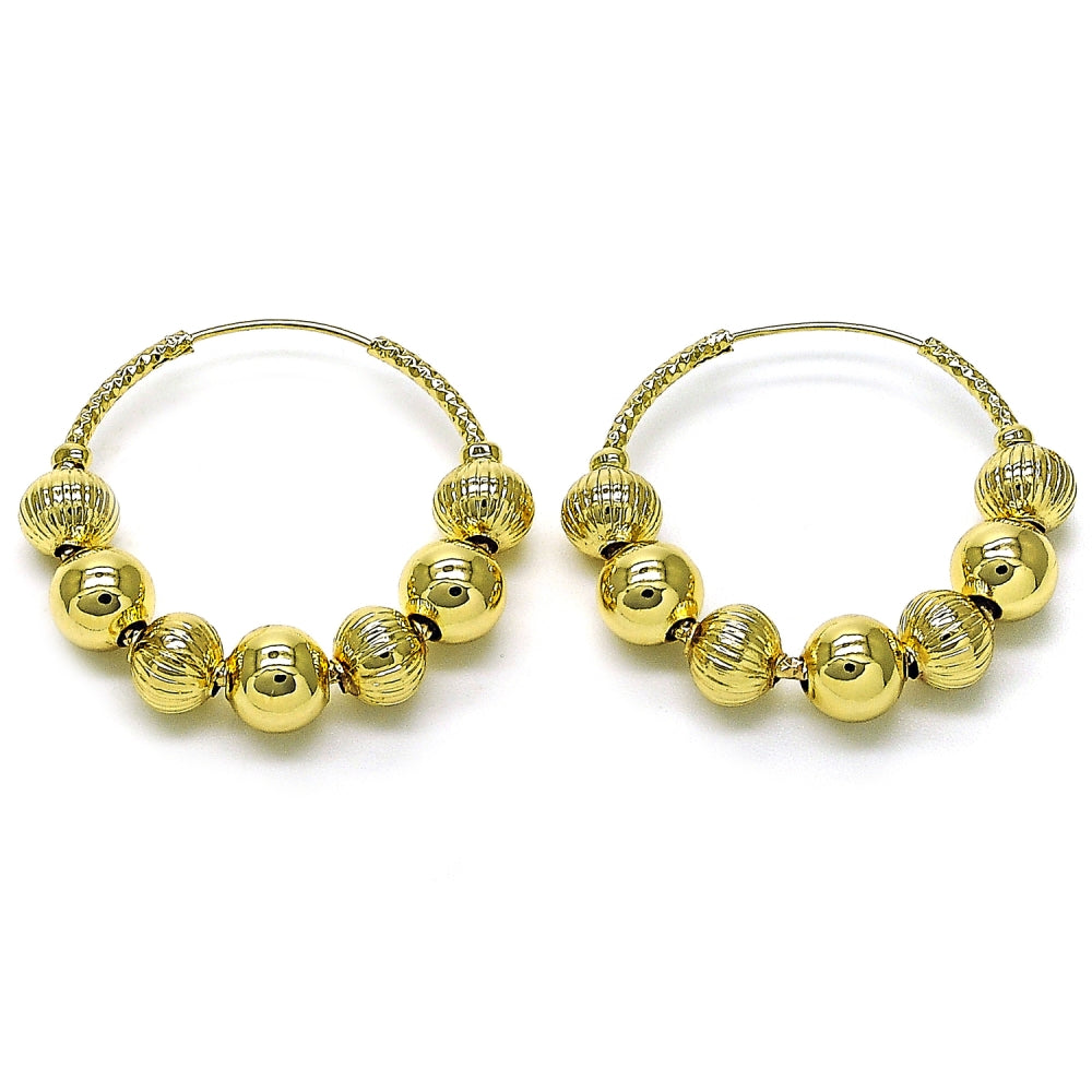 Oro Laminado Medium Hoop, Gold Filled Style Ball and Hollow Design, Diamond Cutting Finish, Golden Finish
