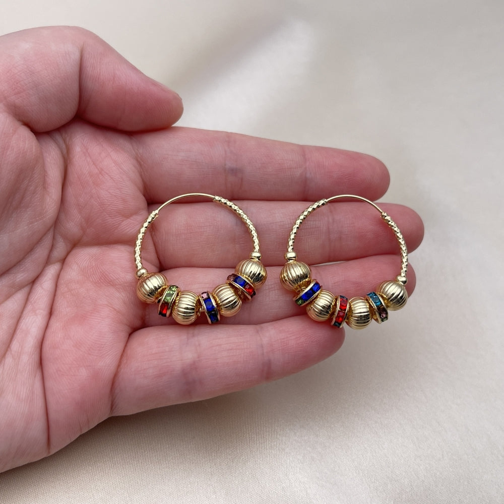 Oro Laminado Medium Hoop, Gold Filled Style Ball and Hollow Design, with Multicolor Crystal, Diamond Cutting Finish, Golden Finish