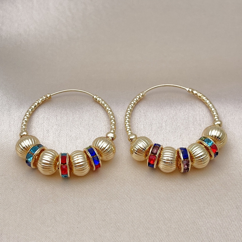 Oro Laminado Medium Hoop, Gold Filled Style Ball and Hollow Design, with Multicolor Crystal, Diamond Cutting Finish, Golden Finish