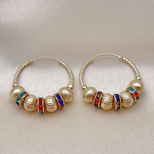 Oro Laminado Medium Hoop, Gold Filled Style Ball and Hollow Design, with Multicolor Crystal, Diamond Cutting Finish, Golden Finish