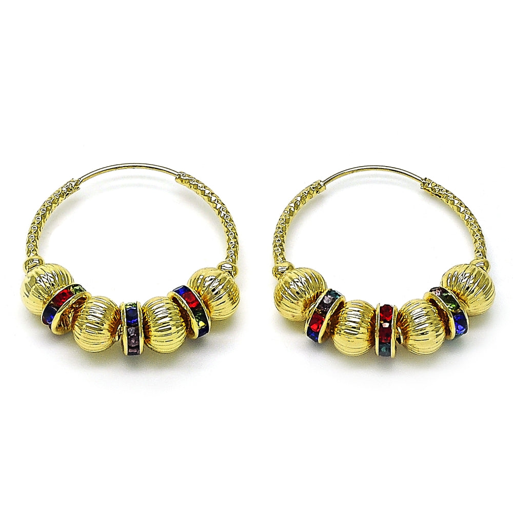 Oro Laminado Medium Hoop, Gold Filled Style Ball and Hollow Design, with Multicolor Crystal, Diamond Cutting Finish, Golden Finish