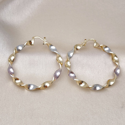 Oro Laminado Large Hoop, Gold Filled Style Twist Design, Polished, Tricolor