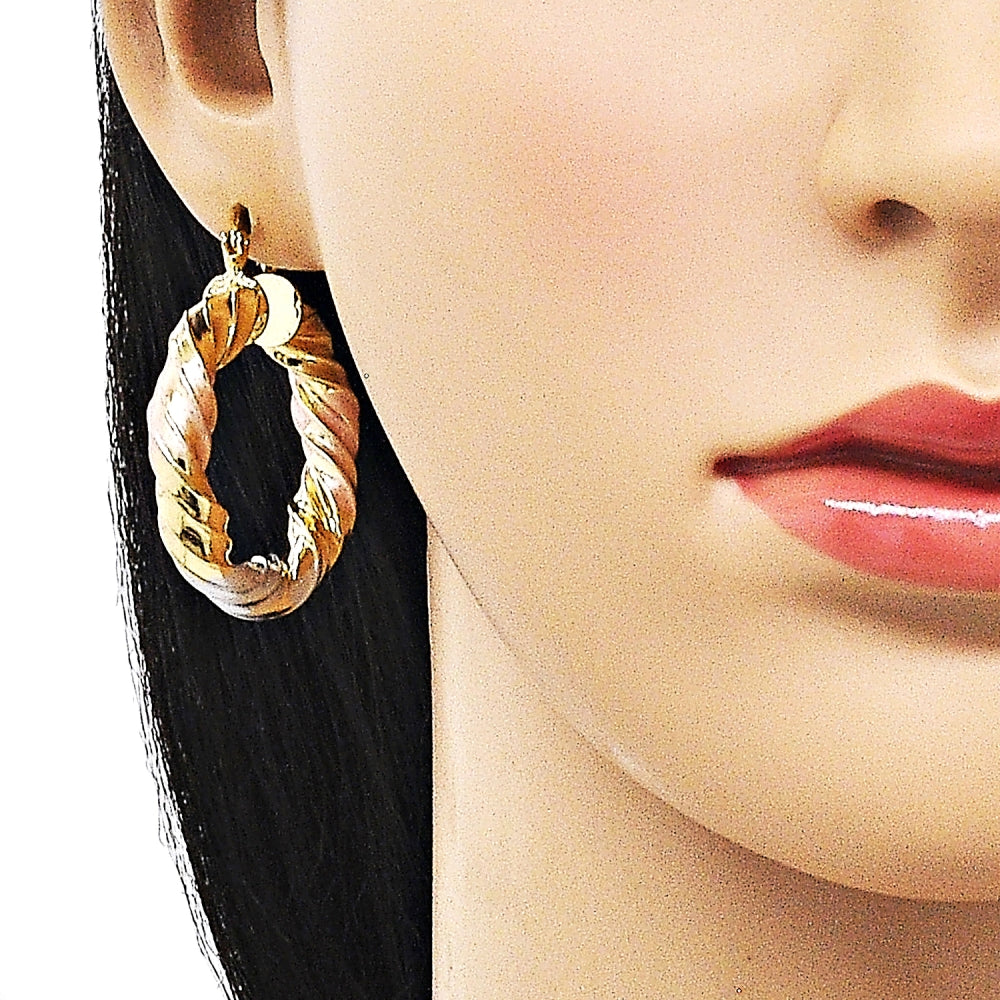 Oro Laminado Medium Hoop, Gold Filled Style Hollow and Twist Design, Polished, Tricolor