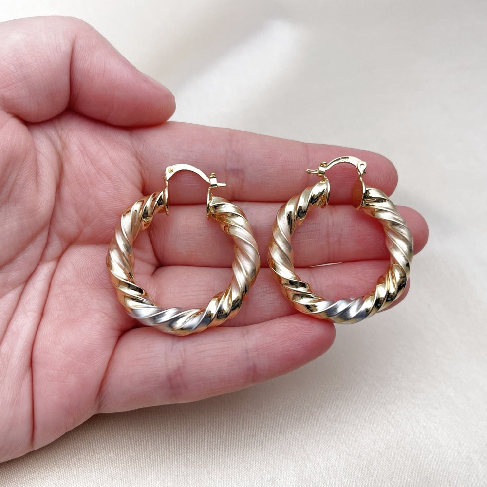 Oro Laminado Medium Hoop, Gold Filled Style Hollow and Twist Design, Polished, Tricolor