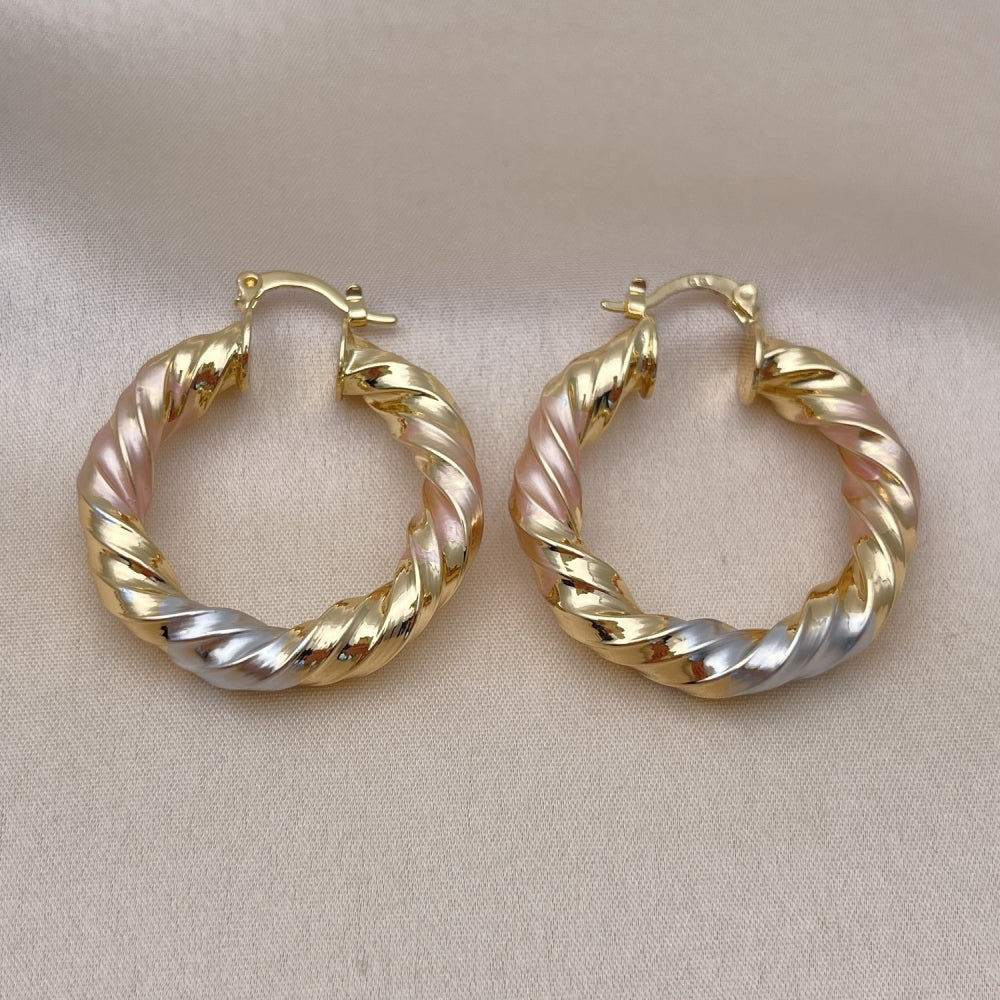 Oro Laminado Medium Hoop, Gold Filled Style Hollow and Twist Design, Polished, Tricolor