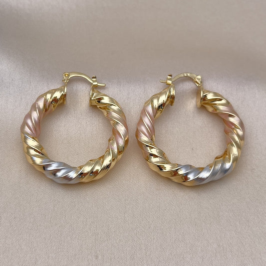 Oro Laminado Medium Hoop, Gold Filled Style Hollow and Twist Design, Polished, Tricolor