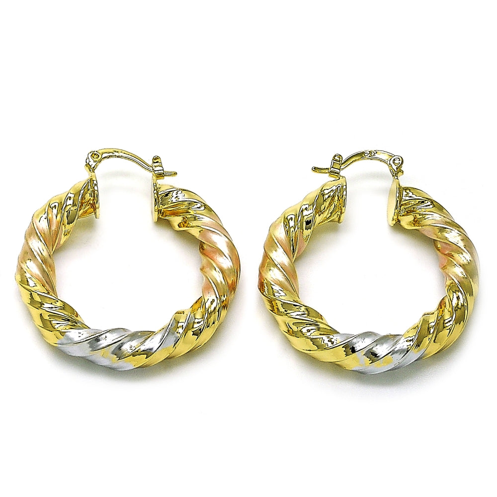 Oro Laminado Medium Hoop, Gold Filled Style Hollow and Twist Design, Polished, Tricolor