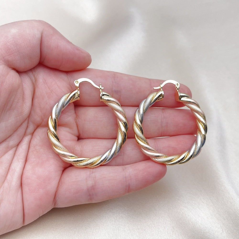 Oro Laminado Medium Hoop, Gold Filled Style Twist Design, Matte Finish, Tricolor