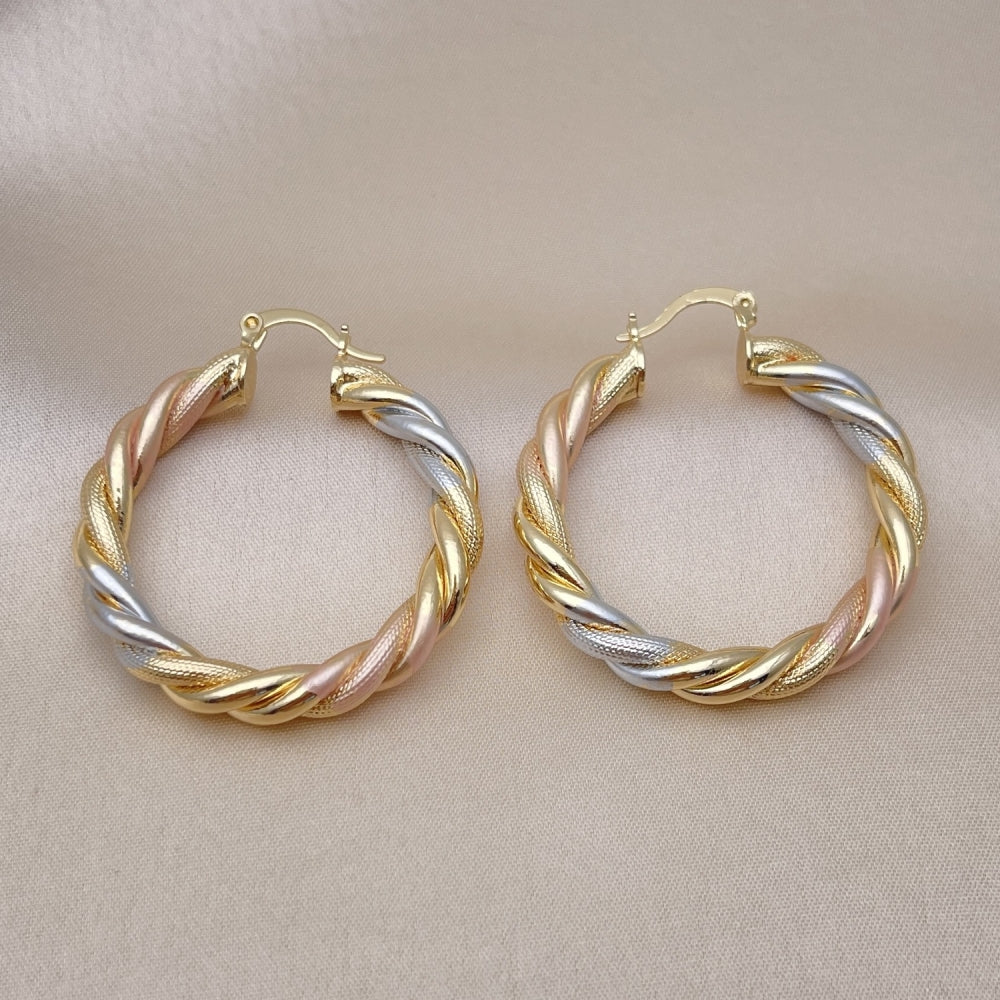 Oro Laminado Medium Hoop, Gold Filled Style Twist Design, Matte Finish, Tricolor