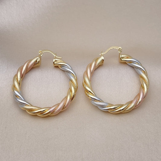 Oro Laminado Medium Hoop, Gold Filled Style Twist Design, Matte Finish, Tricolor