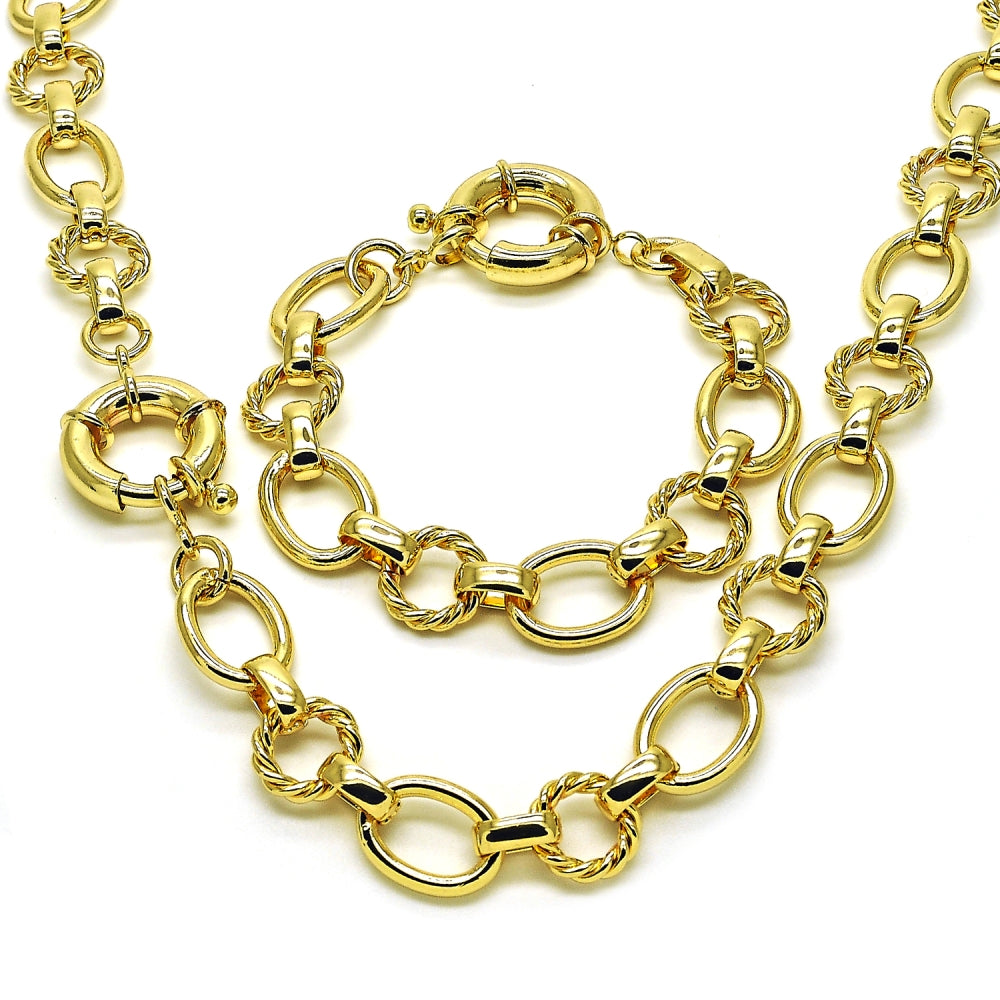 Oro Laminado Necklace and Bracelet, Gold Filled Style Rolo and Twist Design, Polished, Golden Finish