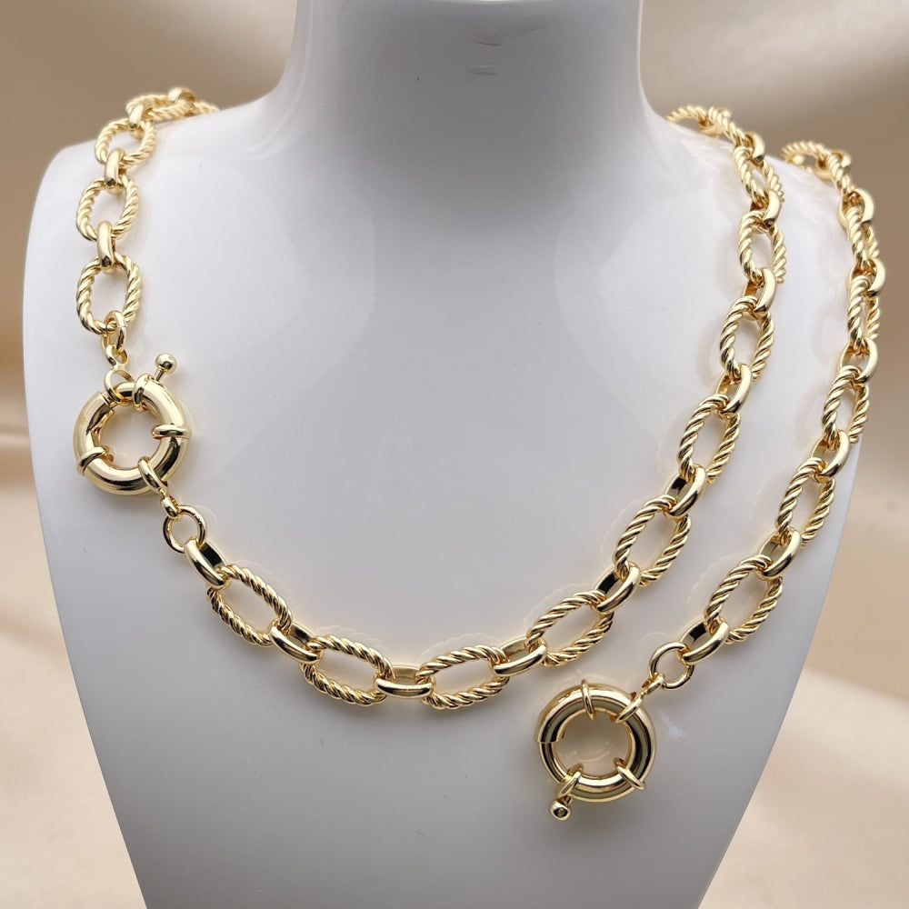 Oro Laminado Necklace and Bracelet, Gold Filled Style Rolo and Twist Design, Polished, Golden Finish