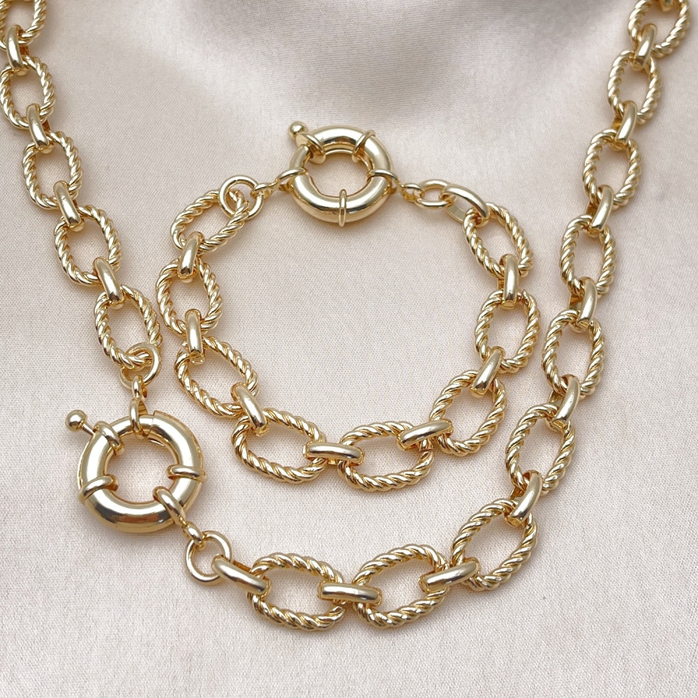 Oro Laminado Necklace and Bracelet, Gold Filled Style Rolo and Twist Design, Polished, Golden Finish