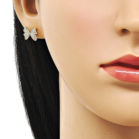 Oro Laminado Stud Earring, Gold Filled Style Bow Design, with White Micro Pave, Polished, Golden Finish