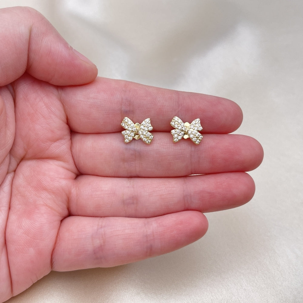 Oro Laminado Stud Earring, Gold Filled Style Bow Design, with White Micro Pave, Polished, Golden Finish
