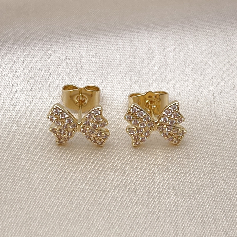 Oro Laminado Stud Earring, Gold Filled Style Bow Design, with White Micro Pave, Polished, Golden Finish