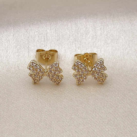Oro Laminado Stud Earring, Gold Filled Style Bow Design, with White Micro Pave, Polished, Golden Finish