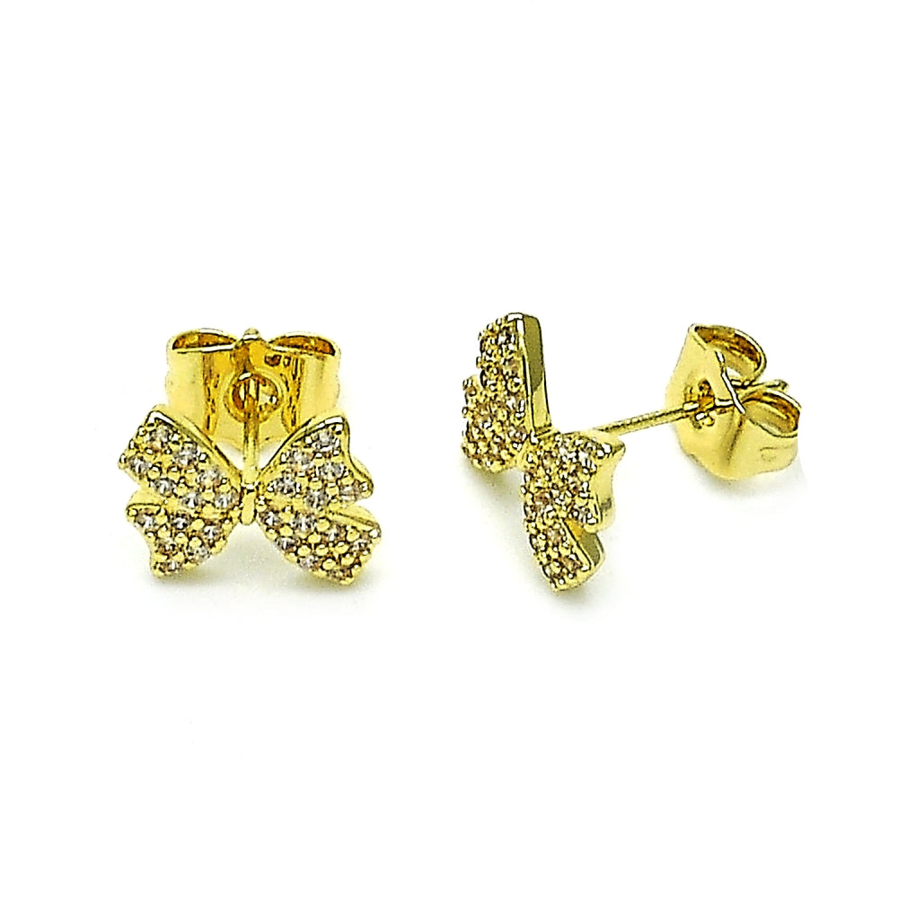 Oro Laminado Stud Earring, Gold Filled Style Bow Design, with White Micro Pave, Polished, Golden Finish