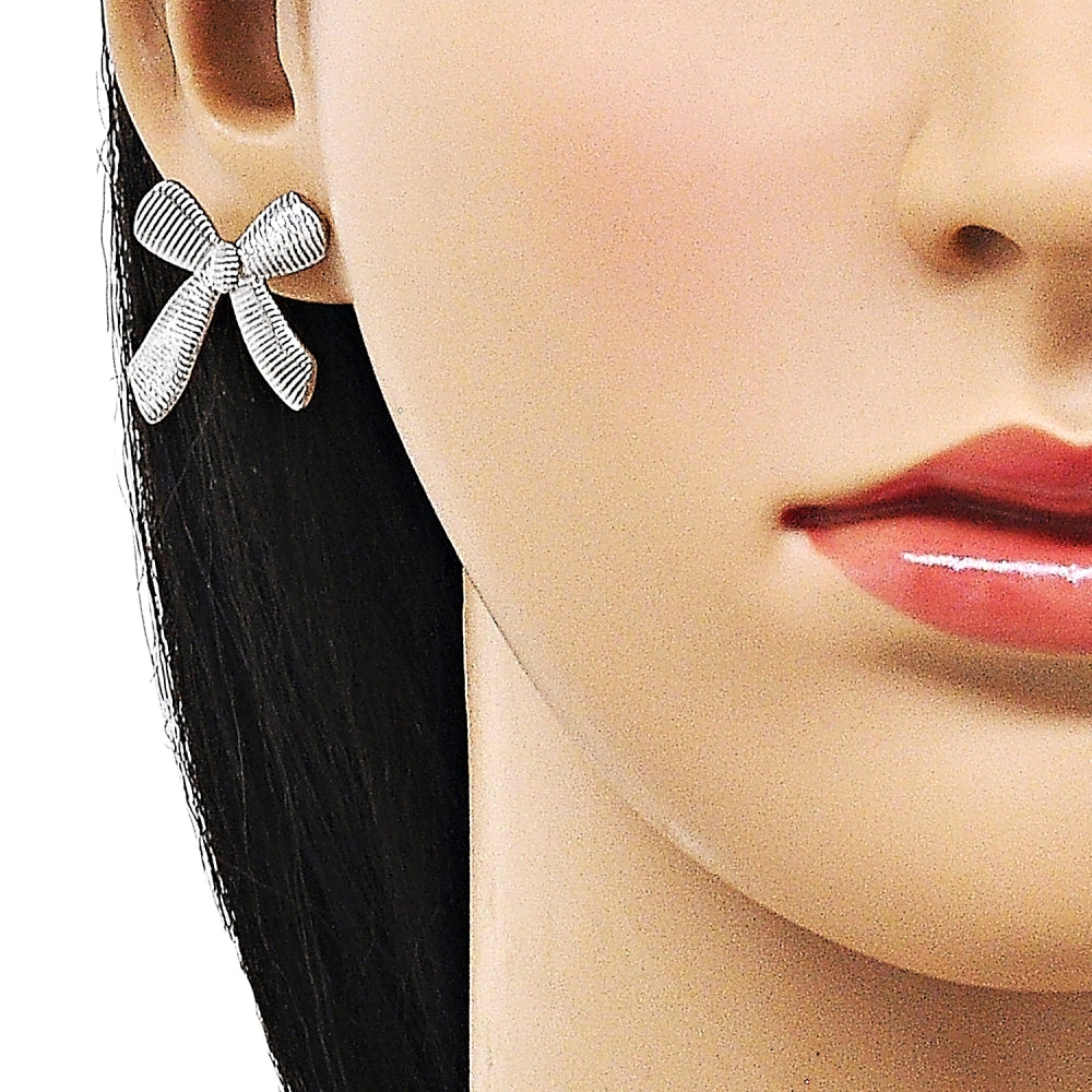 Rhodium Gold Filled Stud Earring, Bow Design, Diamond Cutting Finish, Rhodium Finish