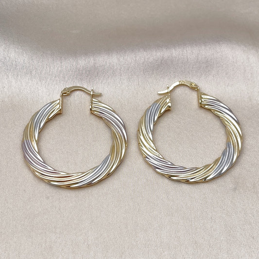 Oro Laminado Medium Hoop, Gold Filled Style Twist and Hollow Design, Polished, Tricolor