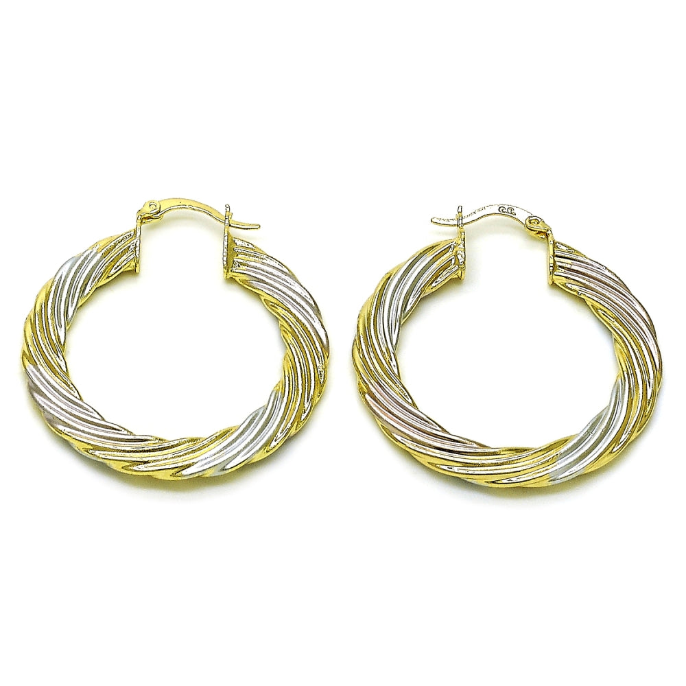 Oro Laminado Medium Hoop, Gold Filled Style Twist and Hollow Design, Polished, Tricolor