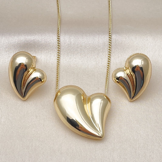 Oro Laminado Earring and Pendant Adult Set, Gold Filled Style Heart and Hollow Design, Polished, Golden Finish