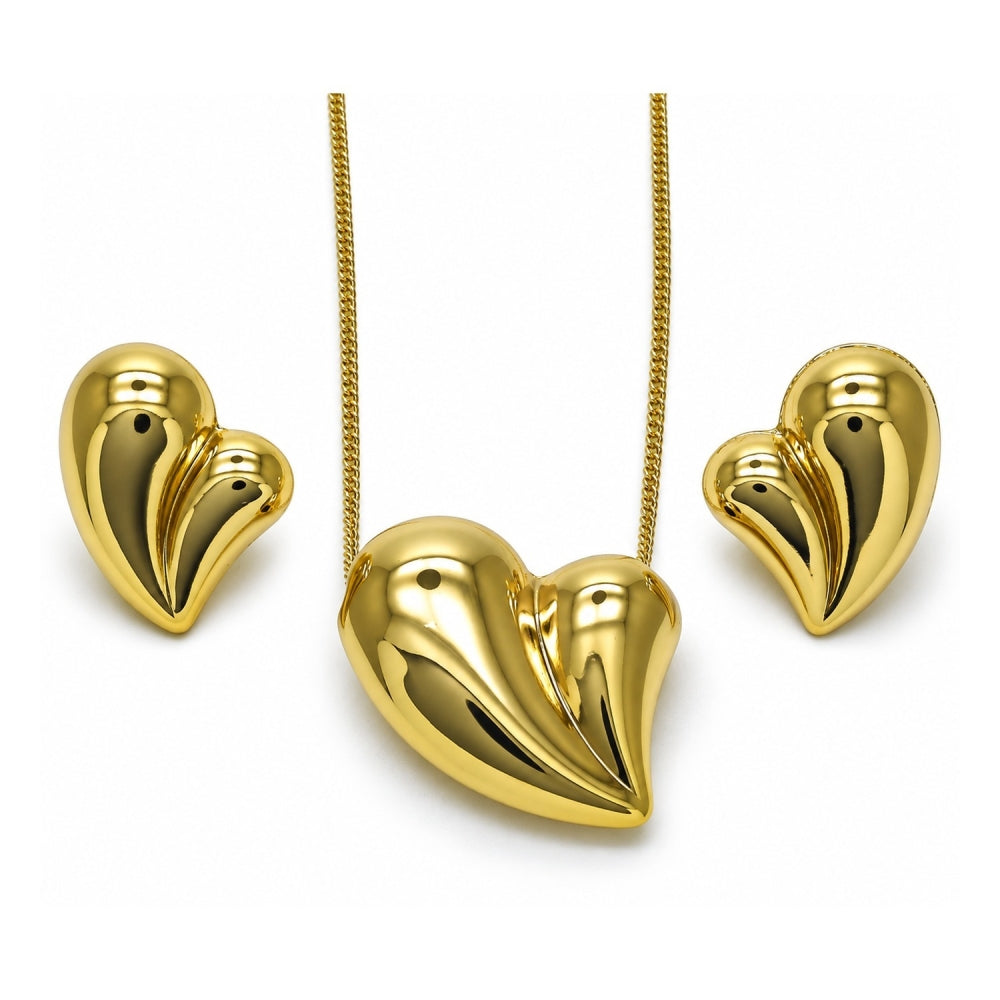 Oro Laminado Earring and Pendant Adult Set, Gold Filled Style Heart and Hollow Design, Polished, Golden Finish