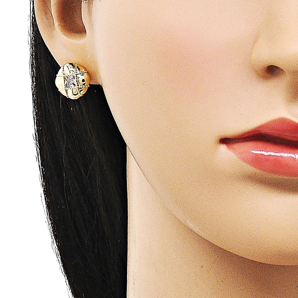 Oro Laminado Stud Earring, Gold Filled Style with White Cubic Zirconia, Polished, Golden Finish