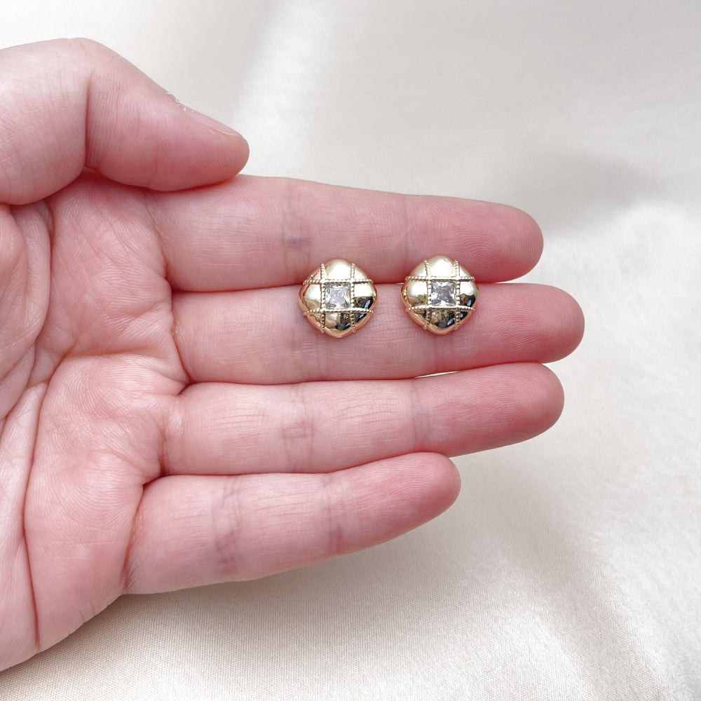 Oro Laminado Stud Earring, Gold Filled Style with White Cubic Zirconia, Polished, Golden Finish