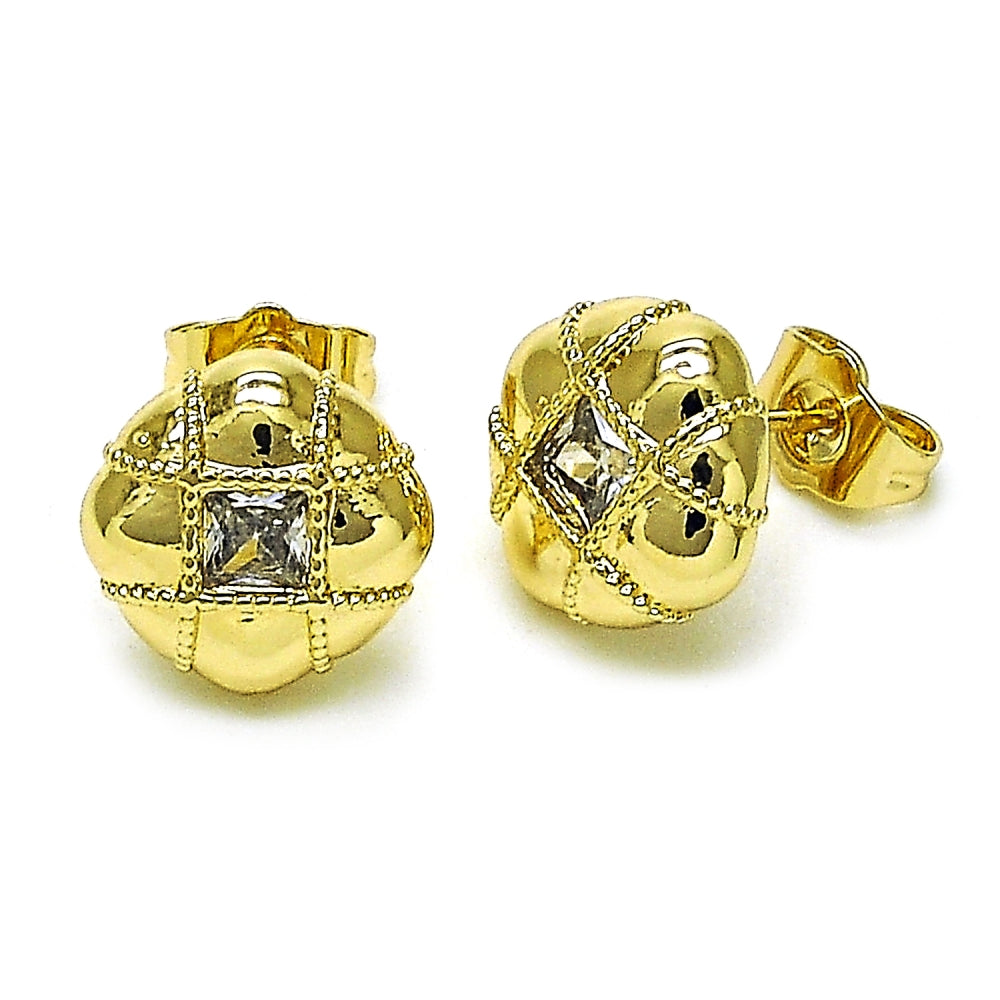 Oro Laminado Stud Earring, Gold Filled Style with White Cubic Zirconia, Polished, Golden Finish