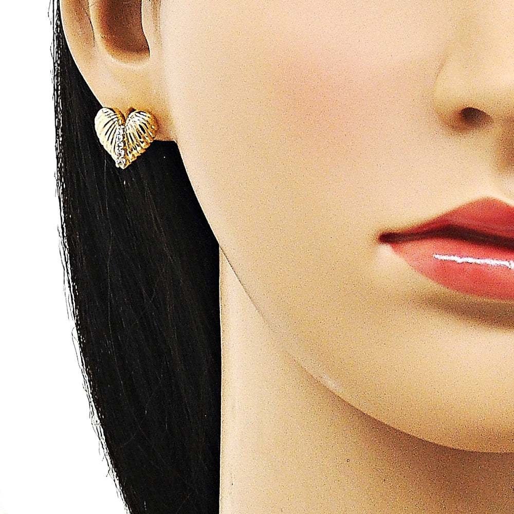 Oro Laminado Stud Earring, Gold Filled Style Heart Design, with White Cubic Zirconia, Polished, Golden Finish