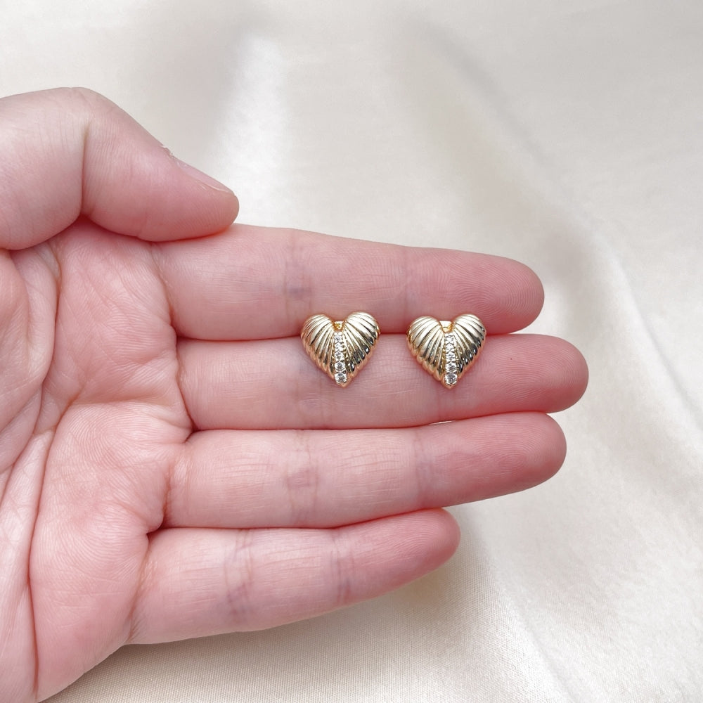 Oro Laminado Stud Earring, Gold Filled Style Heart Design, with White Cubic Zirconia, Polished, Golden Finish