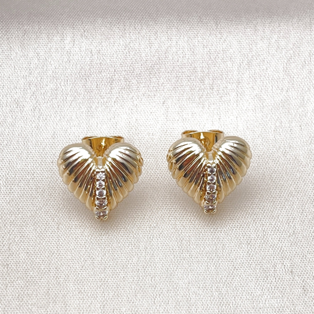 Oro Laminado Stud Earring, Gold Filled Style Heart Design, with White Cubic Zirconia, Polished, Golden Finish