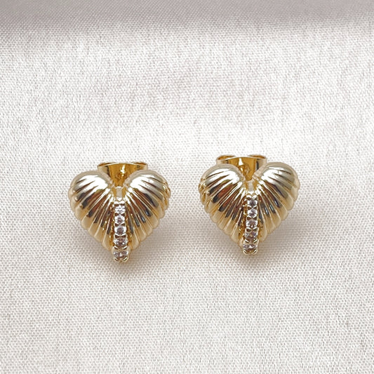 Oro Laminado Stud Earring, Gold Filled Style Heart Design, with White Cubic Zirconia, Polished, Golden Finish