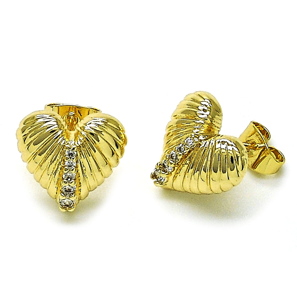 Oro Laminado Stud Earring, Gold Filled Style Heart Design, with White Cubic Zirconia, Polished, Golden Finish