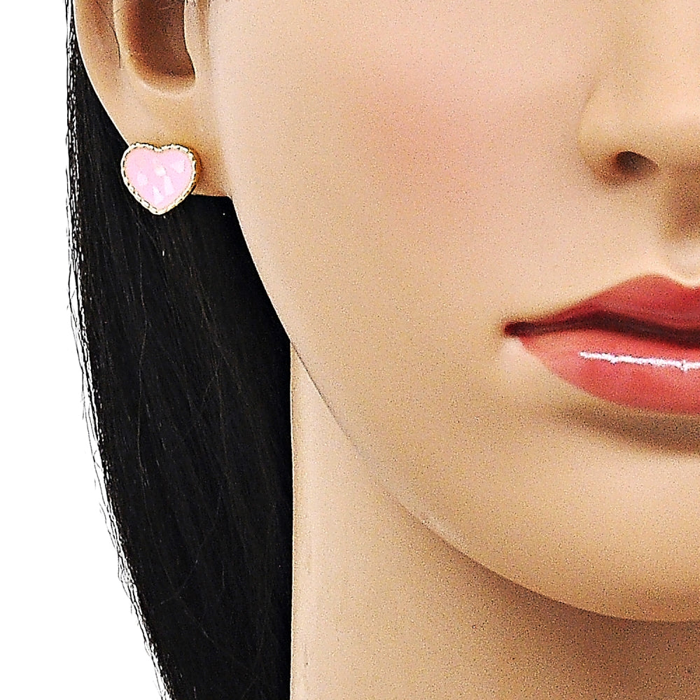 Oro Laminado Stud Earring, Gold Filled Style Heart Design, with Ivory Mother of Pearl, Pink Enamel Finish, Golden Finish