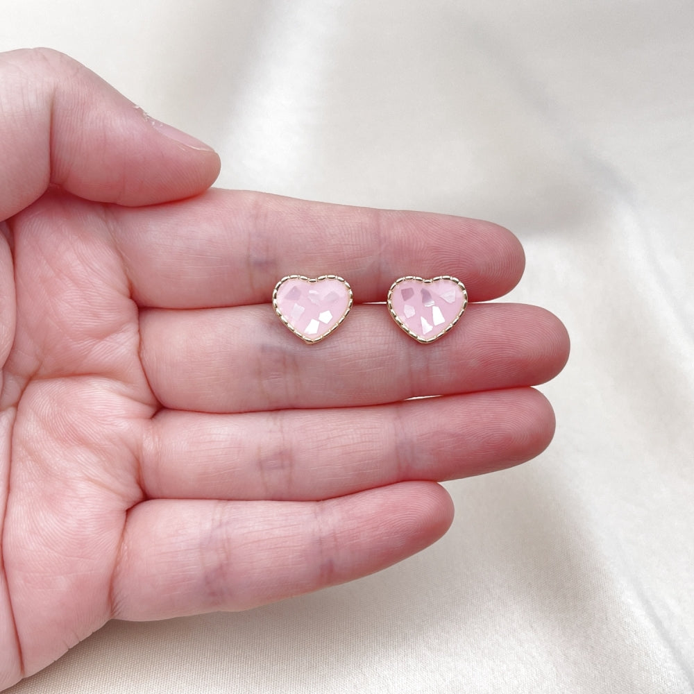 Oro Laminado Stud Earring, Gold Filled Style Heart Design, with Ivory Mother of Pearl, Pink Enamel Finish, Golden Finish