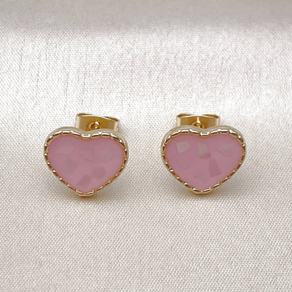 Oro Laminado Stud Earring, Gold Filled Style Heart Design, with Ivory Mother of Pearl, Pink Enamel Finish, Golden Finish
