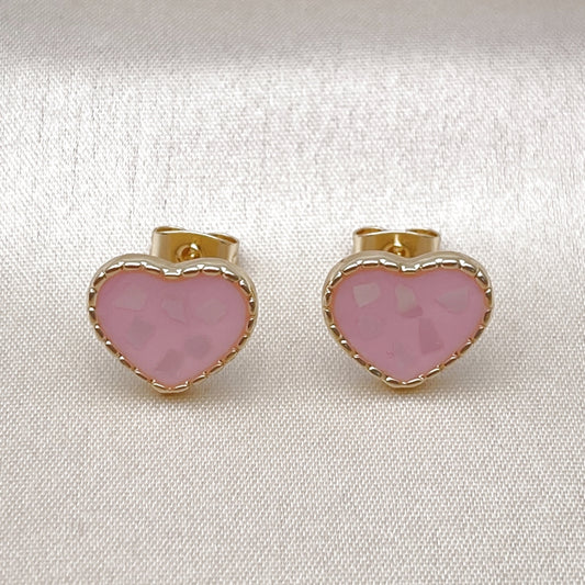Oro Laminado Stud Earring, Gold Filled Style Heart Design, with Ivory Mother of Pearl, Pink Enamel Finish, Golden Finish
