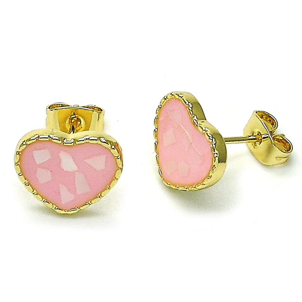 Oro Laminado Stud Earring, Gold Filled Style Heart Design, with Ivory Mother of Pearl, Pink Enamel Finish, Golden Finish