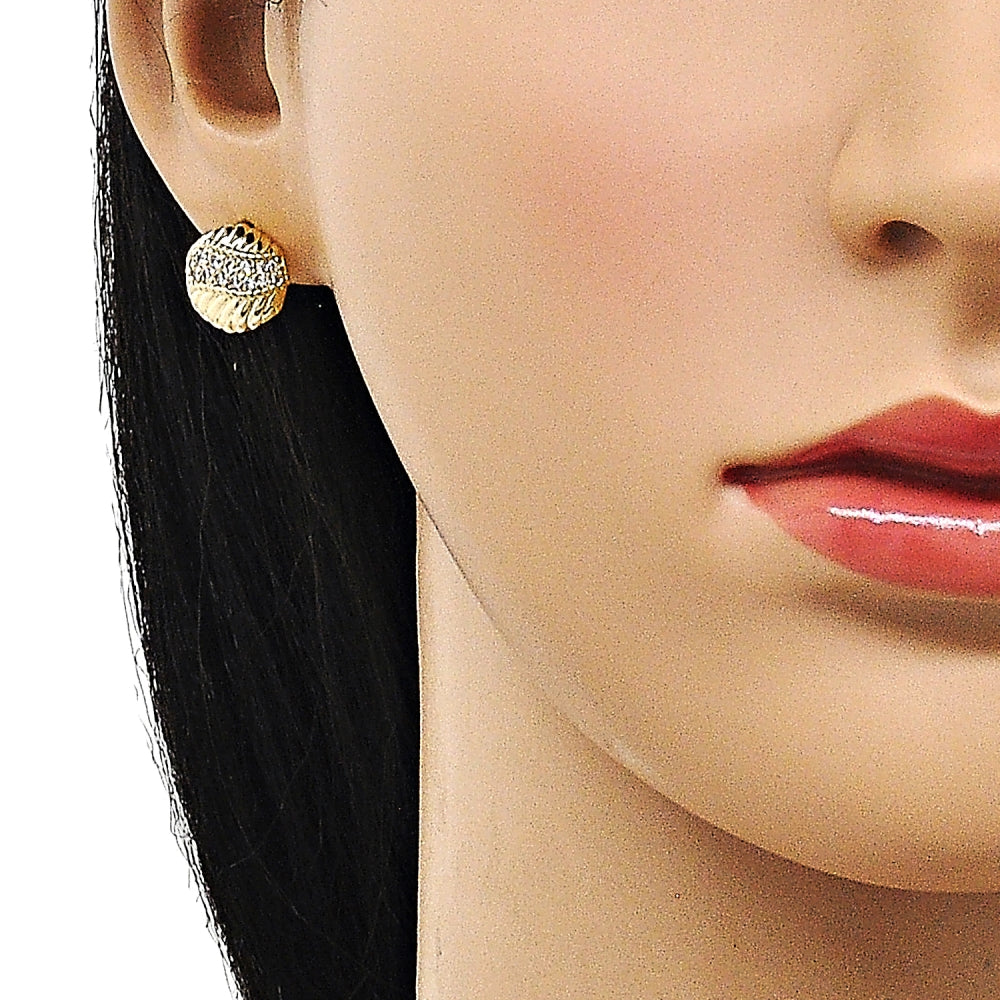 Oro Laminado Stud Earring, Gold Filled Style with White Micro Pave, Polished, Golden Finish