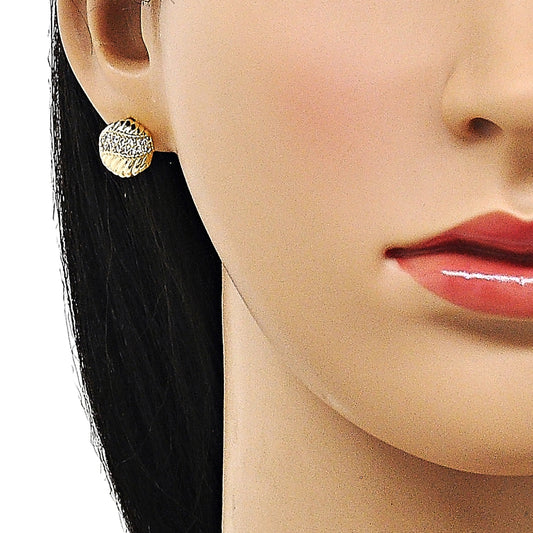 Oro Laminado Stud Earring, Gold Filled Style with White Micro Pave, Polished, Golden Finish