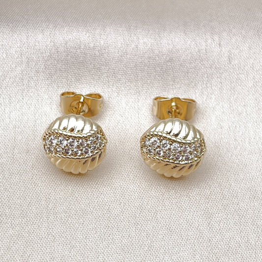 Oro Laminado Stud Earring, Gold Filled Style with White Micro Pave, Polished, Golden Finish