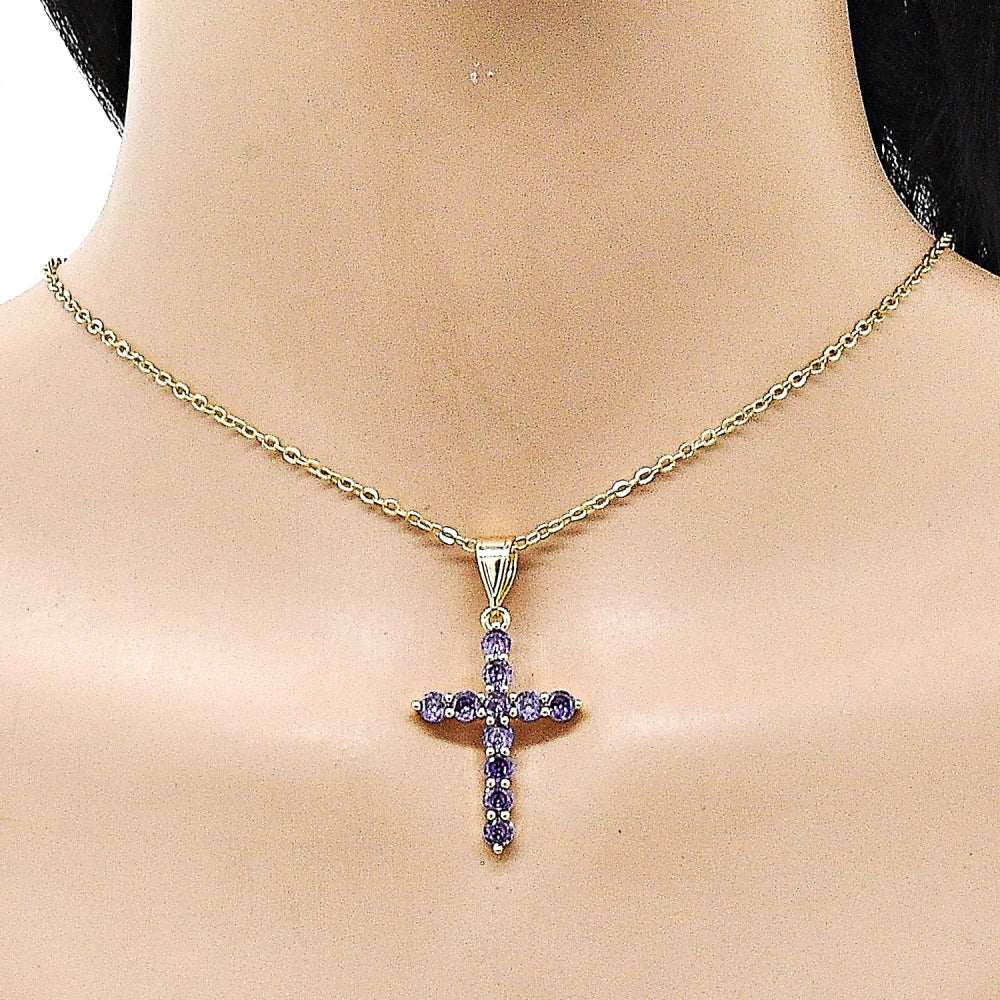 Oro Laminado Religious Pendant, Gold Filled Style Cross Design, with Amethyst Cubic Zirconia, Polished, Golden Finish