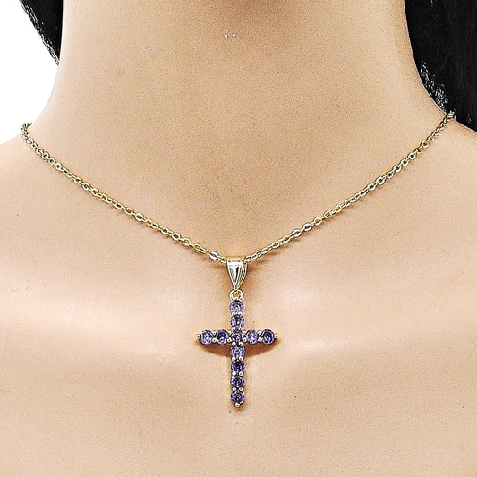 Oro Laminado Religious Pendant, Gold Filled Style Cross Design, with Amethyst Cubic Zirconia, Polished, Golden Finish